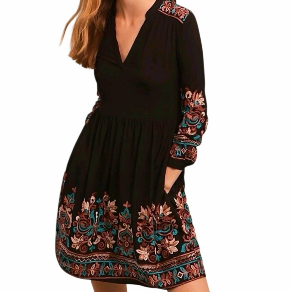 Anthropologie Floreat Multicolor Embroidered Mini Dress Sz XS Black Like New